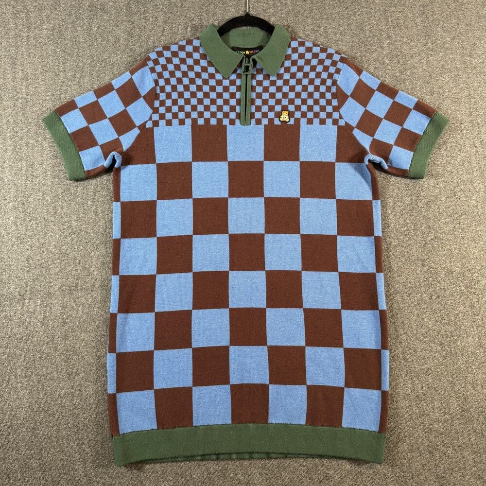 Teddy Fresh Polo Shirt Mens Small Brown Blue Checkerboard Knit 1/4 Zip Bear